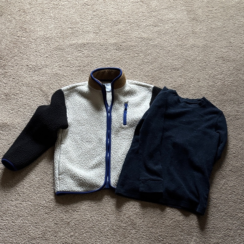 Old Navy Kids Sherpa Jacket - Cream and Black and thermal long sleeve